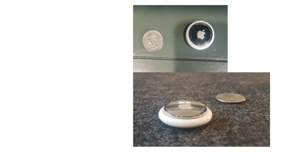 Apple AirTag next to quarter for size comparison