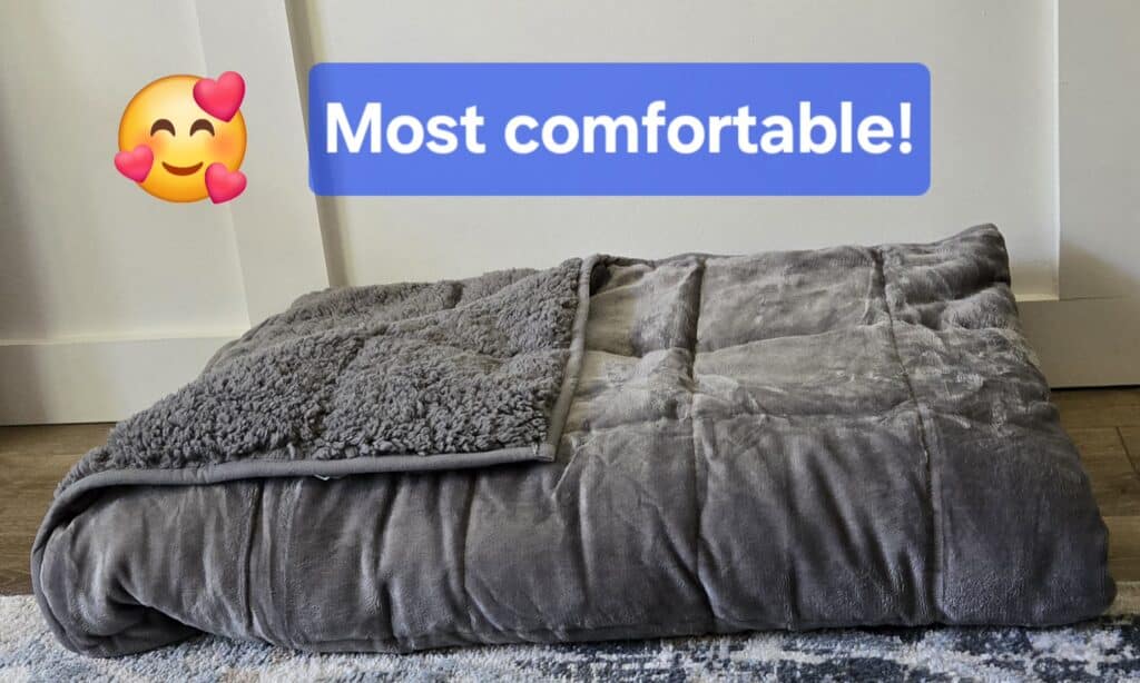 Fidget Cube thick, gray, Cottonblue Sherpa weighted blanket, highlighting its cozy and plush shaggy texture, folded